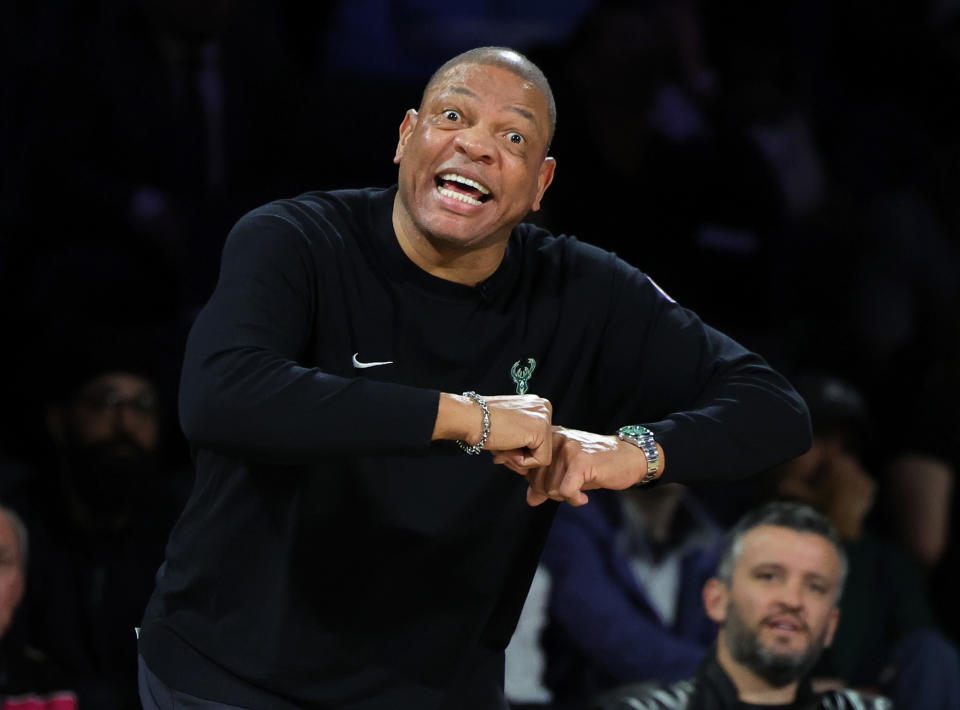 LAS VEGAS, NEVADA - DECEMBER 14: Head coach Doc Rivers of the Milwaukee Bucks gestures in the first half of a semifinal game of the Emirates NBA Cup against the Atlanta Hawks at T-Mobile Arena on December 14, 2024 in Las Vegas, Nevada. The Bucks defeated the Hawks 110-102. NOTE TO USER: User expressly acknowledges and agrees that, by downloading and or using this photograph, User is consenting to the terms and conditions of the Getty Images License Agreement. (Photo by Ethan Miller/Getty Images)