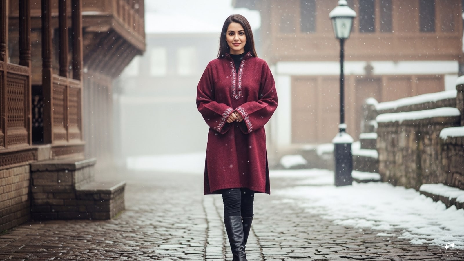 Casual Everyday Chic: For daily wear, choose a simple wool Pheran and pair it with leggings or skinny pants. Add comfortable boots and a scarf for a practical, cozy, and stylish look that’s perfect for running errands or casual winter walks.