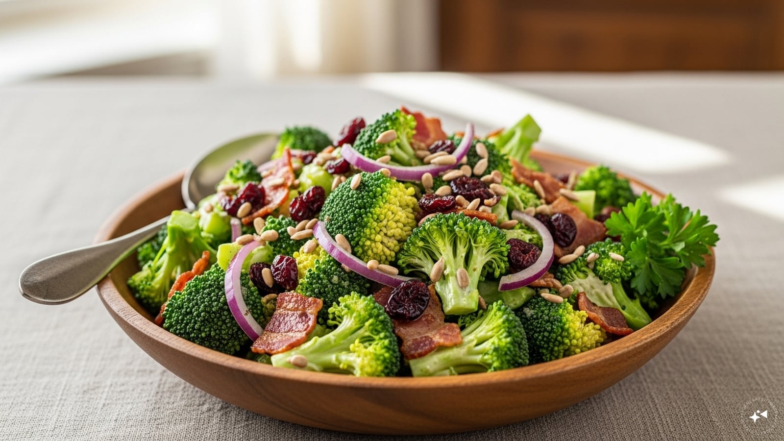 Broccoli Salad: Crunchy broccoli florets mixed with sweet cranberries, roasted almonds, and a creamy dressing make a refreshing salad. It’s sweet, tangy, and perfect for picnics or potlucks.